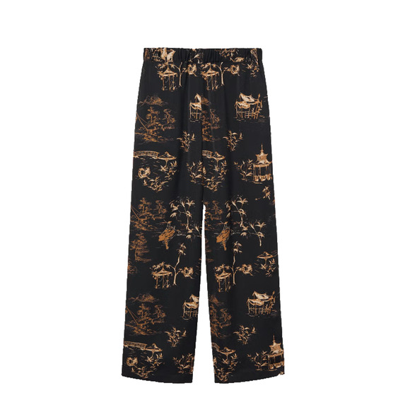 MNG Pants Womens XS Black Gold Asian Print Trouser Boho Silky High Waist Lounge - Picture 1 of 8